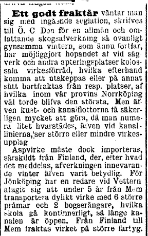 Gottfrakt år 2 bogserbåtar mem jkp ToR under kanalens öppnatid Östgötaposten 1900-02-23.jpg